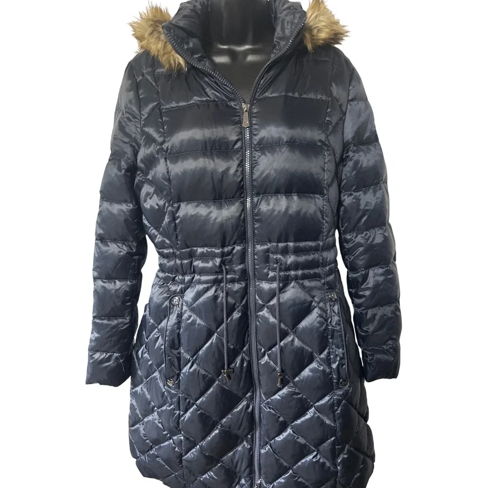 Dawn Levy Womens Puffer‎ Coat Quilted Faux Fur Hooded Drawstring Waist Size M